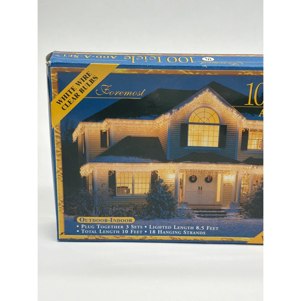 Foremost 100 Icicle Add-A-Set Clear Bulbs White Wire Indoor Outdoor Lights 88101